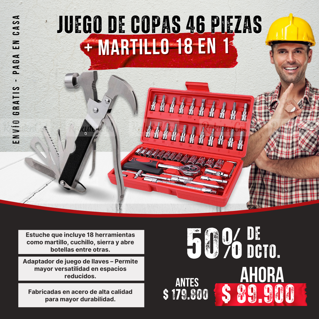 Juego de Copas X46 + Martillo Herramienta Multiusos 18en1