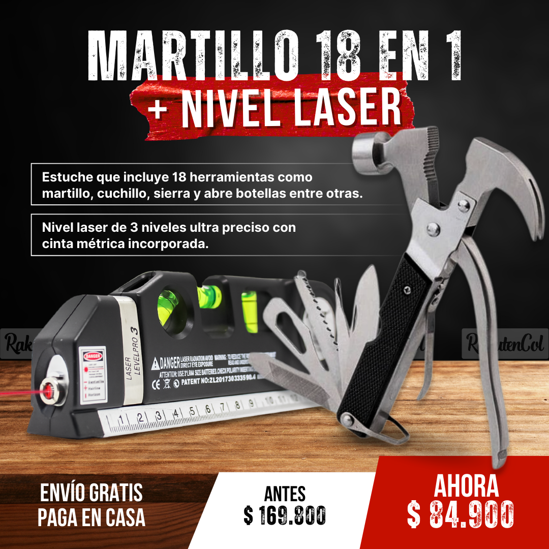 Martillo Herramienta Multiusos 18 en 1 + Nivel Laser