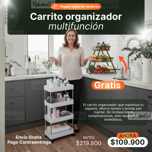 Carrito Auxiliar Organizador Multi-usos 3 Niveles Ruedas 360 ShopMall Color Blanco y obsequio organizador de frutas 3 niveles mesa